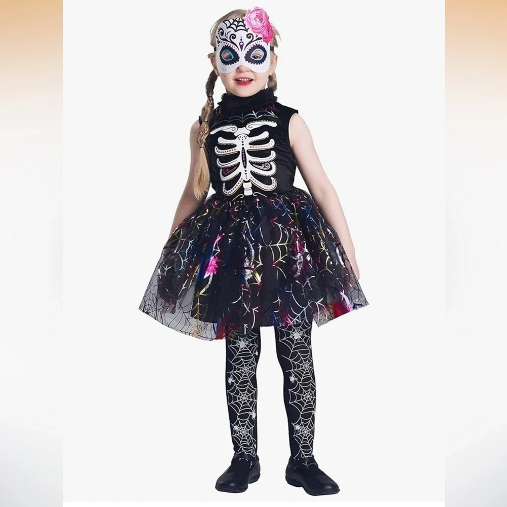 NWT Colorful Skeleton Girls Costume 8-10 yrs dress socks and felt mask